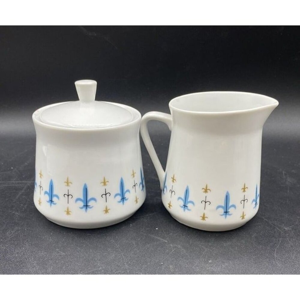 Style House China Caravelle Creamer Covered Sugar Yamaguchi Fleur de Lis Japan